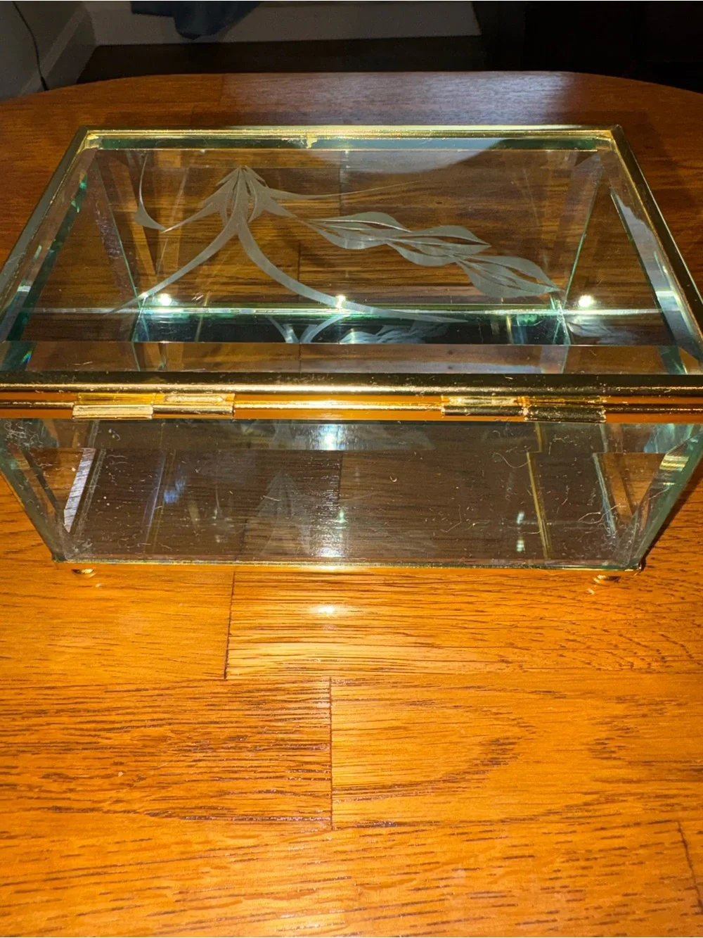 Vintage Etched Glass Trinket Jewelry Box Glass Bottom Beveled Edge Gold Trim
